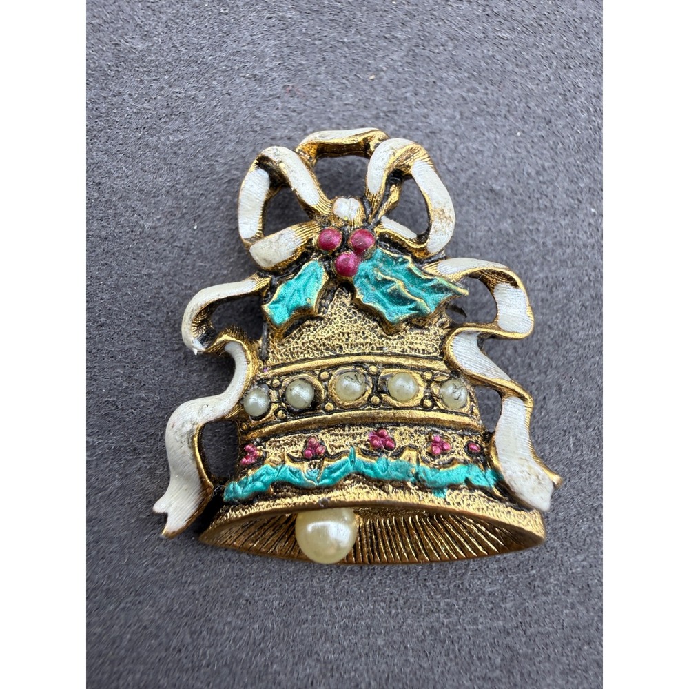 Vintage Christmas Bell Brooch Enamel Faux Pearl Holly Bow Retro 80s